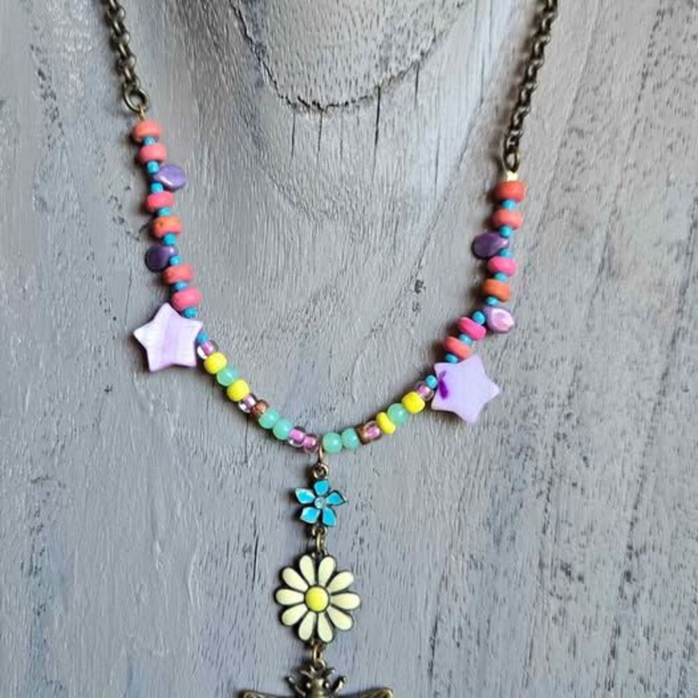 Handmade Bee & Daisy Charm Necklace | Colorful Beaded Boho Necklace